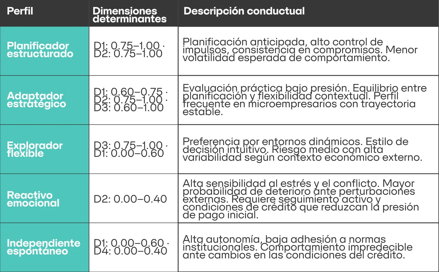 Tabla de los cinco perfiles de riesgo conductual con las dimensiones que los determinan y su descripción: planificador estructurado, adaptador estratégico, explorador flexible, reactivo emocional e independiente espontáneo.