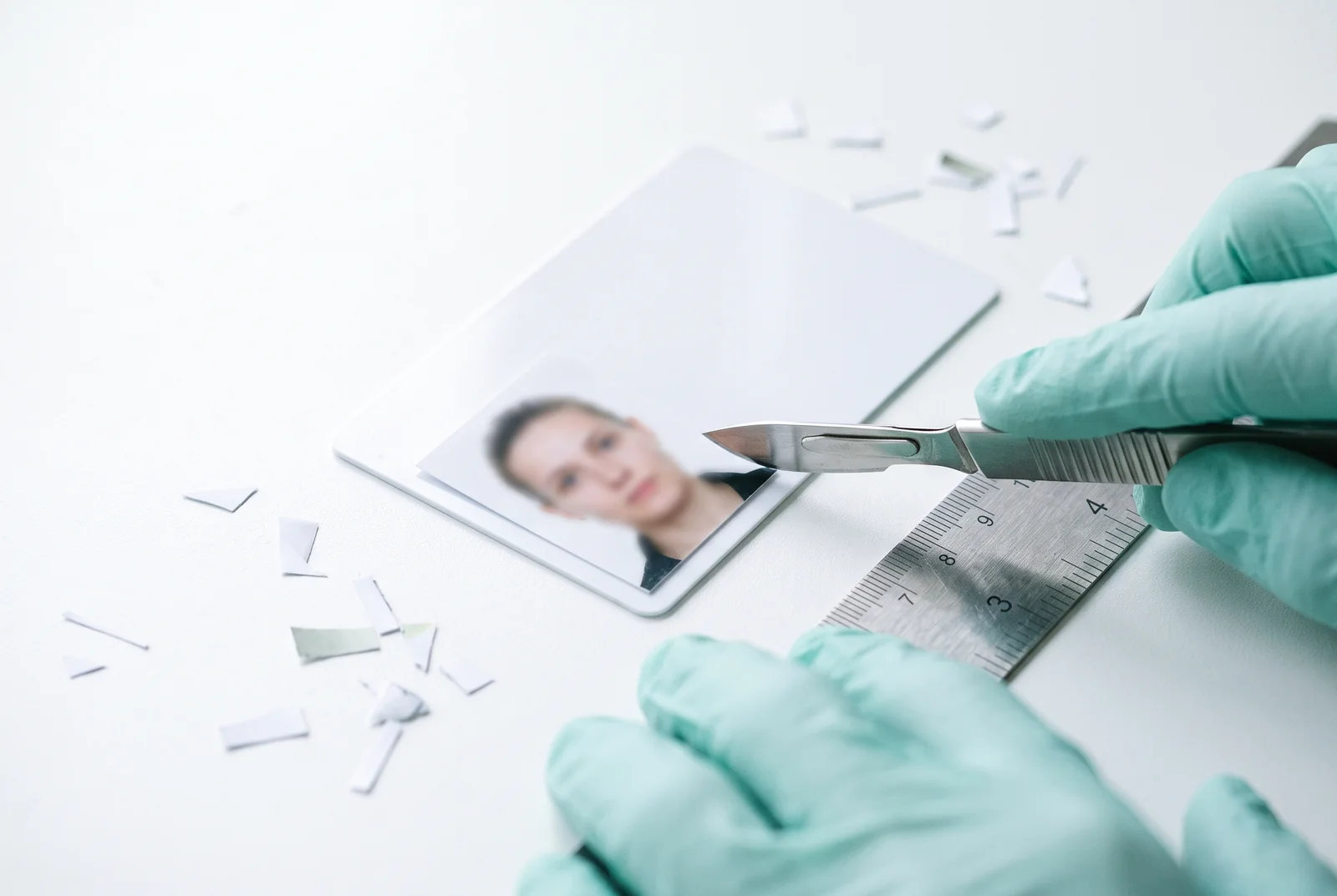 Manos con guantes recortando una fotografía sobre un documento de identidad en blanco.