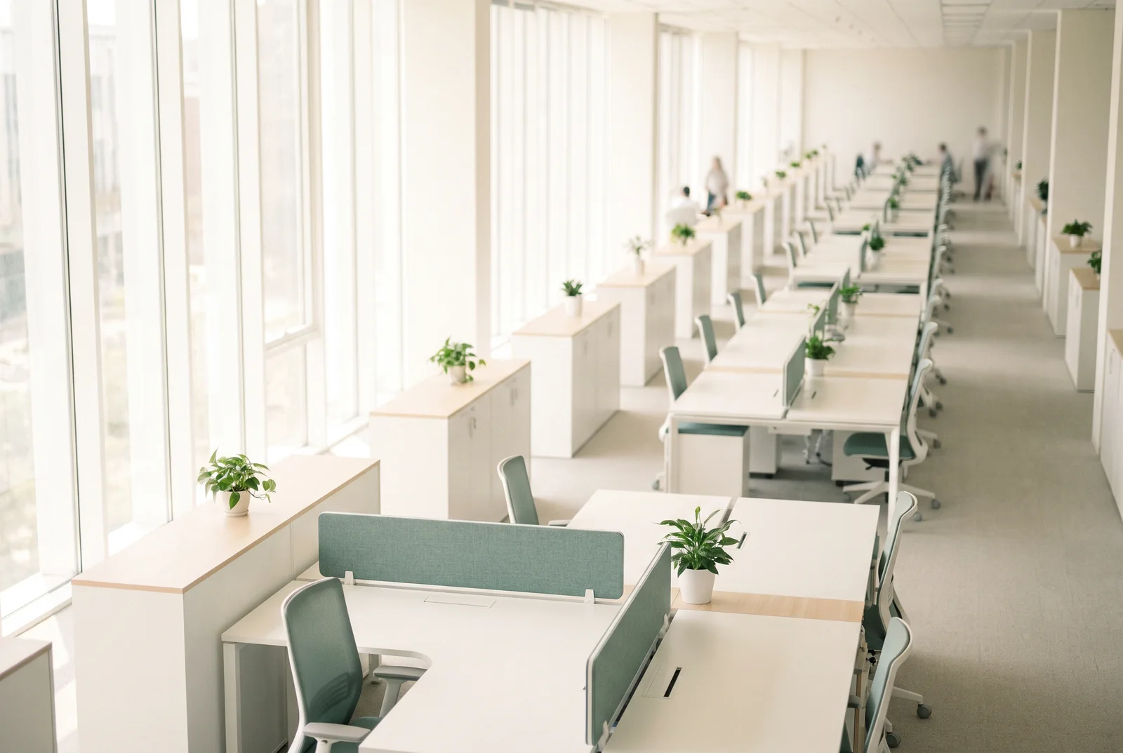Oficina corporativa amplia de planta abierta, con largas hileras de escritorios y luz natural.