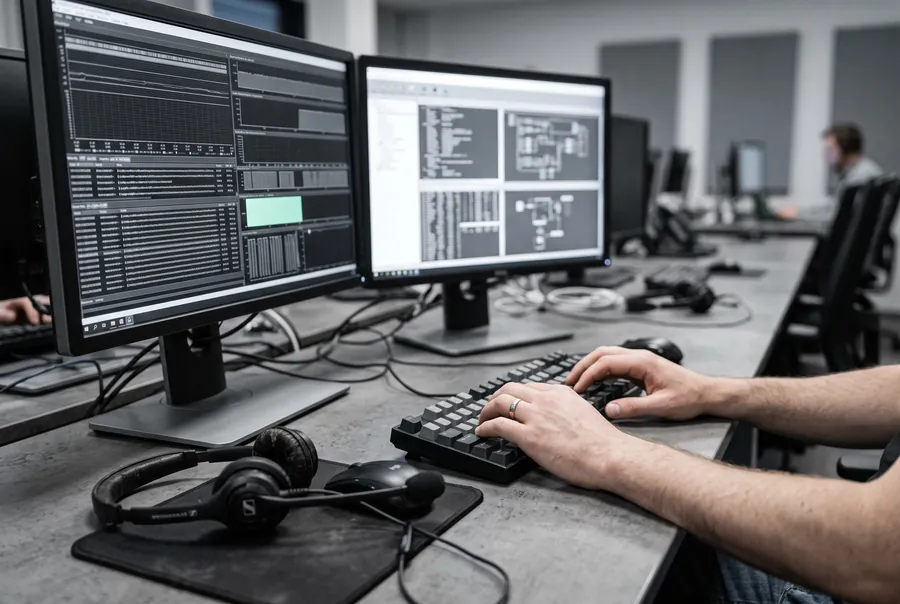 Escritorio de backoffice: manos sobre un teclado entre dos monitores, con auriculares apoyados.